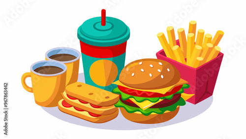 3d render fast food burger, french fries, coffee cup and hotdog. Fastfood restaurant meals and drink. Traditional american snacks isolated on white background Cartoon Illustration in plastic style