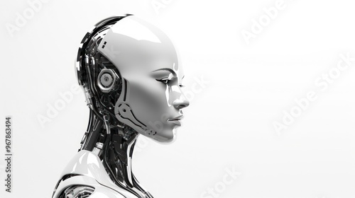 Humanoid robot on white background with blank space for text