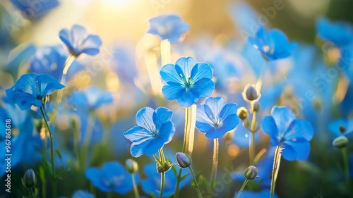 beautiful blue flower field, endless flower field with romantic sunset sunlight