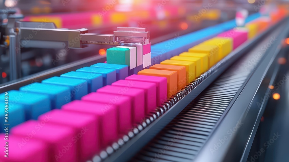 A conveyor belt moving vibrant food packages, with machines adding labels, surrounded by factory machinery, Photorealistic, Industrial lighting A conveyor belt moving vibrant food packages, with machines adding labels, surrounded by factory machinery, Photorealistic, Industrial lighting