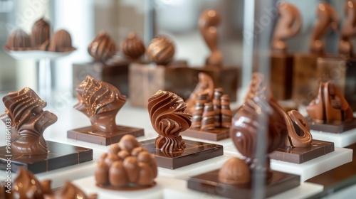 Assortment of artistically crafted chocolate sculptures displayed in a glass case. photo