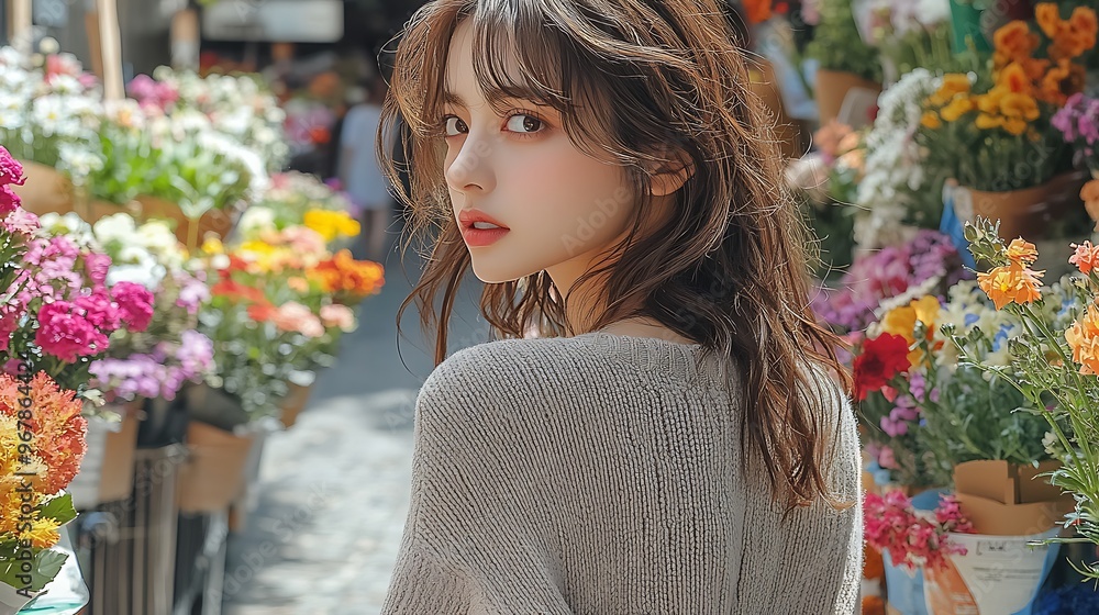 A model in a summer knit exploring a colorful flower market, surrounded by blooming flowers of all colors, the soft fabric of her knit flowing gently, sunlight casting warm highlights on the scene, A model in a summer knit exploring a colorful flower market, surrounded by blooming flowers of all colors, the soft fabric of her knit flowing gently, sunlight casting warm highlights on the scene,