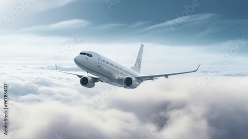 Commercial airplane flying above clouds in the blue sky.