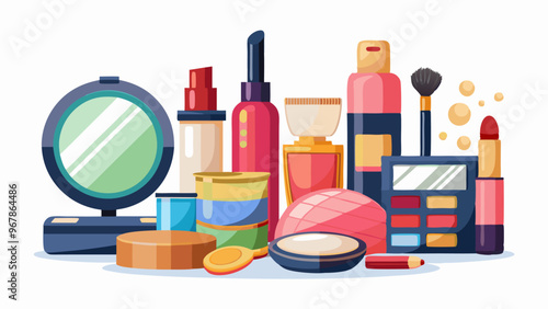 Makeup products set isolated on white background. Vector realistic illustration of 3d lipstick, powder box with mirror and brush, lip gloss bottle, deodorant, beauty cosmetics, skin care collection