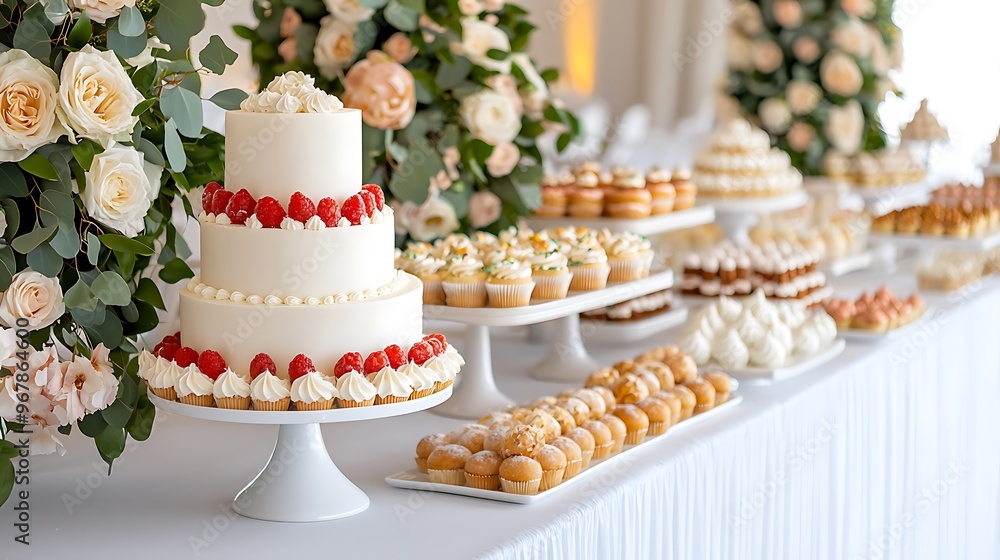 A white wedding cake topped with raspberries is elegantly displayed on a dessert table. A white wedding cake topped with raspberries is elegantly displayed on a dessert table.