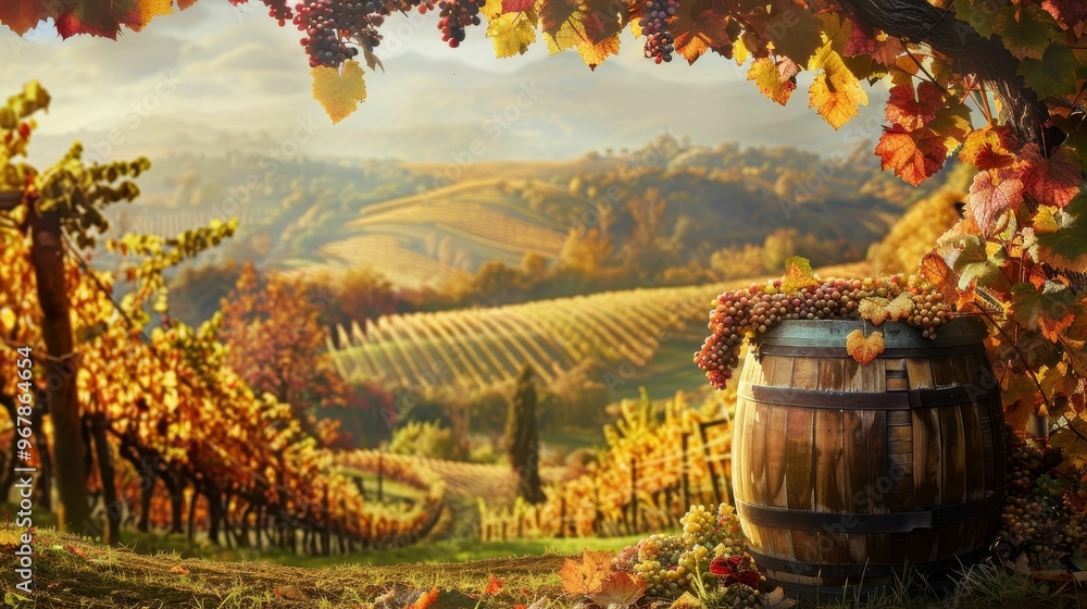 Obraz premium Autumn vineyard with rolling hills and a wooden barrel, framed by colorful leaves.