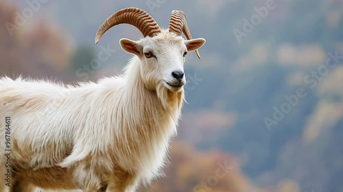 mountain goat on hill top with mountain landscape photo