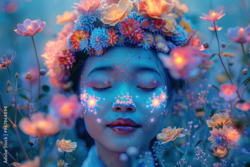Enchanting mystical garden filled with glowing flowers and a serene figure Enchanting mystical garden filled with glowing flowers and a serene figure