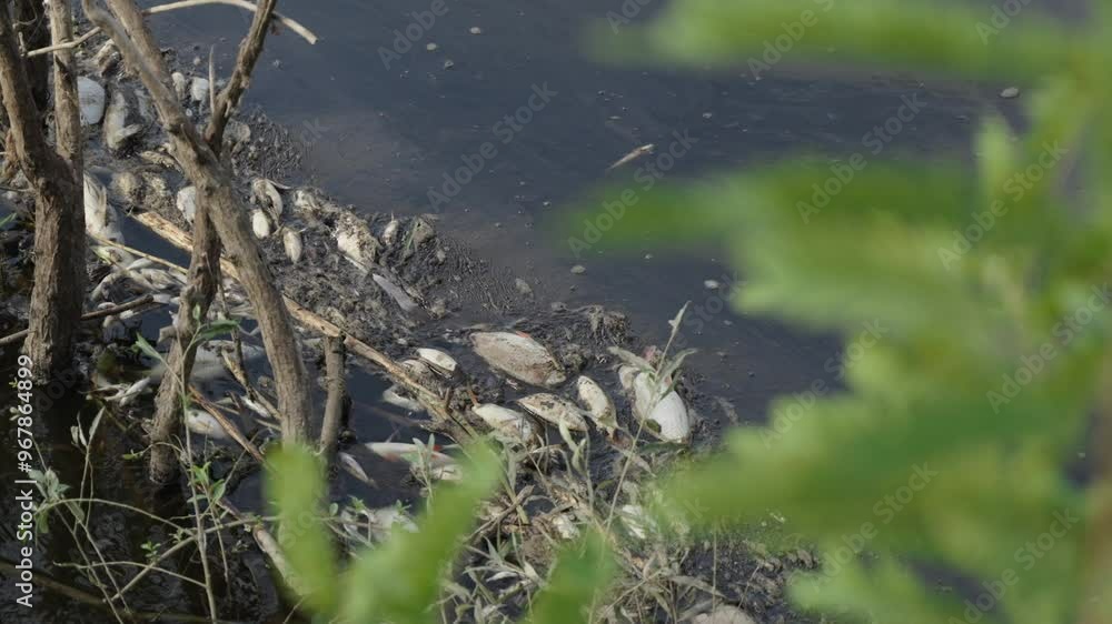 Dead fish in dark water, pollution. Environmental pollution. Ecological disaster: death fish in freshwater river due to dumping of chemical waste into reservoir. Flies fly over rotting fish in lake. Dead fish in dark water, pollution. Environmental pollution. Ecological disaster: death fish in freshwater river due to dumping of chemical waste into reservoir. Flies fly over rotting fish in lake.