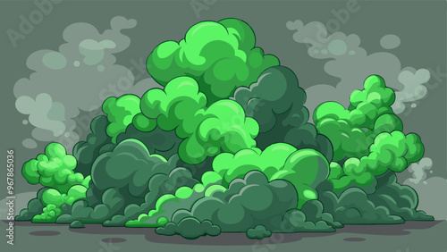 Realistic green smoke, stink, bad smell or poison gas clouds. Chemical toxic vapour, stench breath or sweat odor. Isolated smelly garbage miasma, fume design elements, 3d vector illustration, set photo