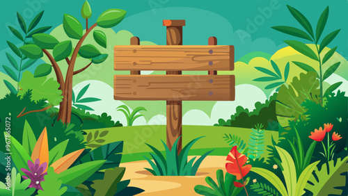 Jungle wooden sign board with plants and flowers. Cartoon vector illustration of signpost or text banner made of wood and surrounded by green grass. Tropical frames and panels for label writing.