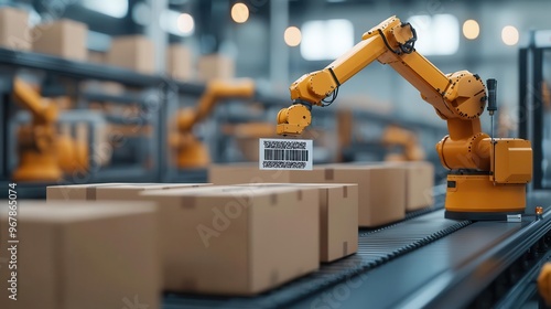 Close-up of a robotic arm applying barcodes to food packages on a fast-moving conveyor belt, surrounded by industrial equipment, Photorealistic, High-detail