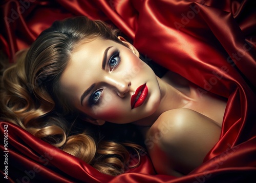 Sultry red lips whisper sweet nothings to a tantalizingly tousled bed of satin sheets, shrouded in shadows, exuding photo