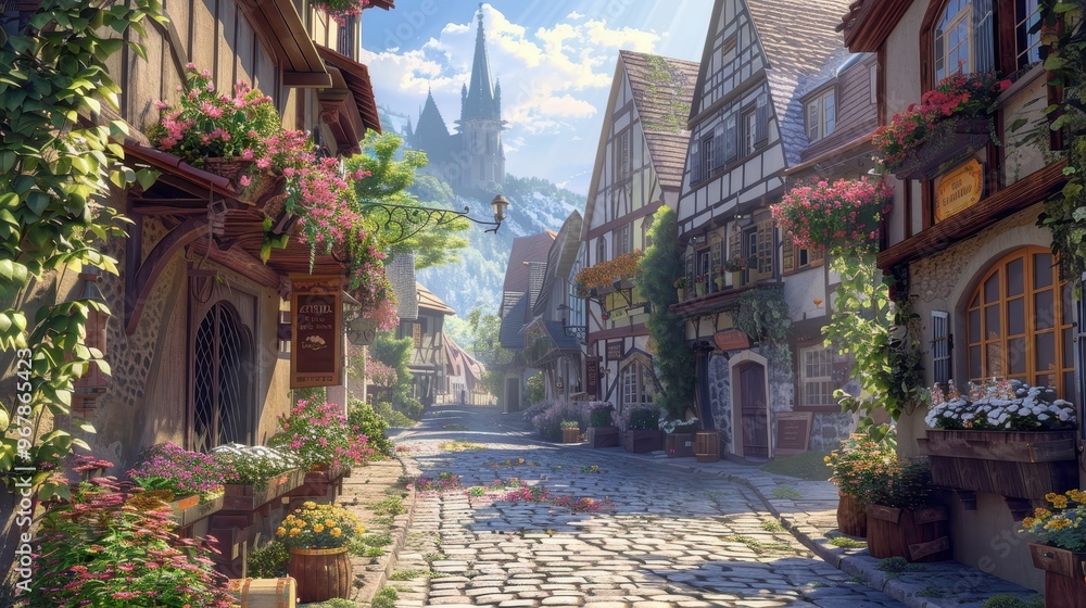 Fototapeta premium Charming cobblestone street lined with quaint buildings, blooming flowers, and a distant church steeple.