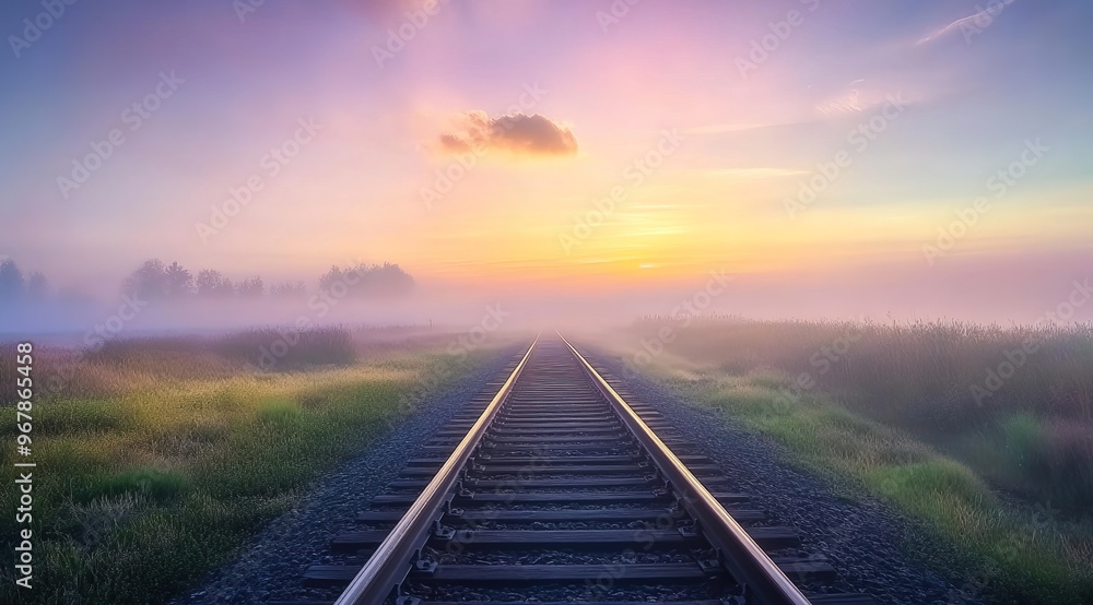 A beautiful sunrise over the railway tracks in an open field, with mist and smoke rising from afar.
A beautiful sunrise over the railway tracks in an open field, with mist and smoke rising from afar.