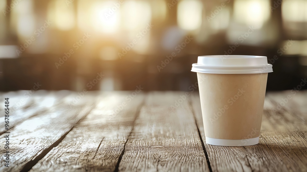 A cozy coffee cup placed on a rustic wooden table, capturing a warm sunlight ambiance in a cafe setting. A cozy coffee cup placed on a rustic wooden table, capturing a warm sunlight ambiance in a cafe setting.