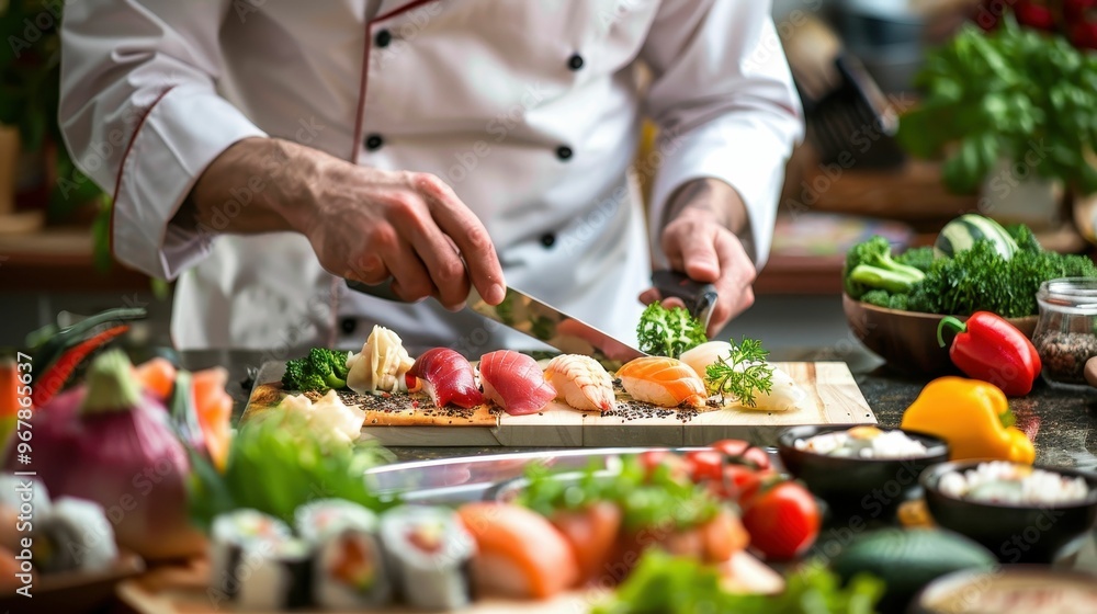 Chef preparing a plate of sushi with fresh ingredients. Chef preparing a plate of sushi with fresh ingredients.