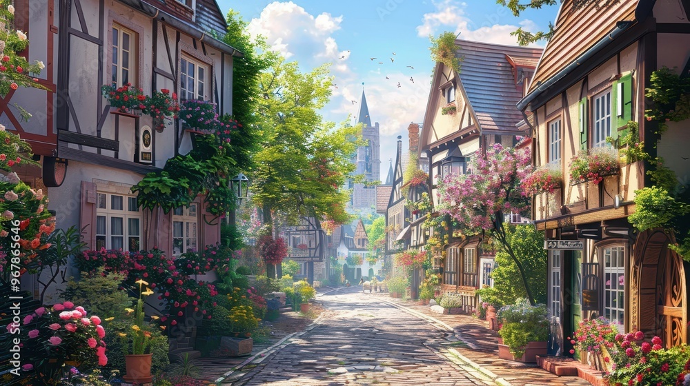 Charming cobblestone street lined with quaint houses and blooming flowers in a picturesque European village. Charming cobblestone street lined with quaint houses and blooming flowers in a picturesque European village.