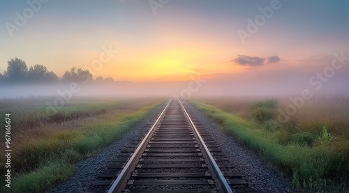 A beautiful sunrise over the railway tracks in an open field, with mist and smoke rising from afar. 