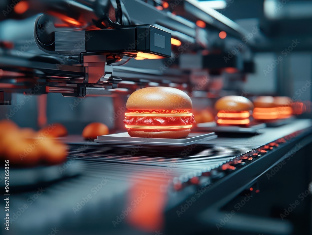 A high-tech production line with glowing digital labels being printed on food packaging, surrounded by futuristic machines, Sci-fi, Neon hues A high-tech production line with glowing digital labels being printed on food packaging, surrounded by futuristic machines, Sci-fi, Neon hues