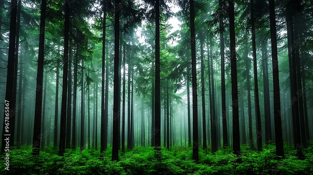 Naklejka premium A misty forest landscape features tall pine trees and lush green undergrowth, wrapped in a veil of fog.