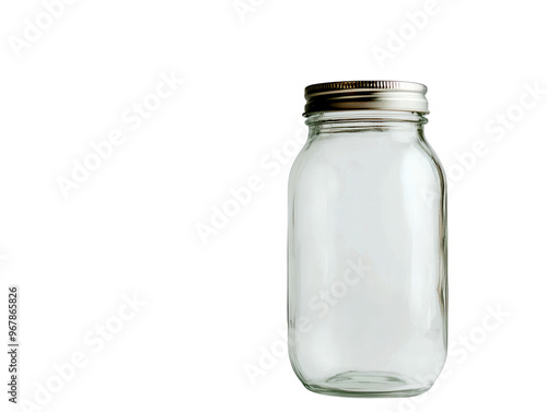 Clear glass jar with a metal lid, perfect for storage or canning. Ideal for kitchen organization and home decor, PNG, transparent, No background