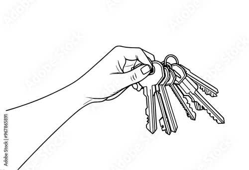 A large female hand holds a bunch of keys of different shapes and sizes, isolated vector one line drawing on a white background