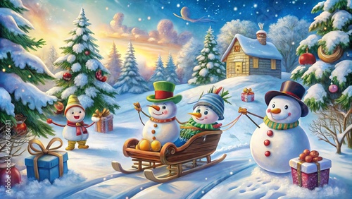 joyful winter scenes with festive sleighs and playful snowmen photo