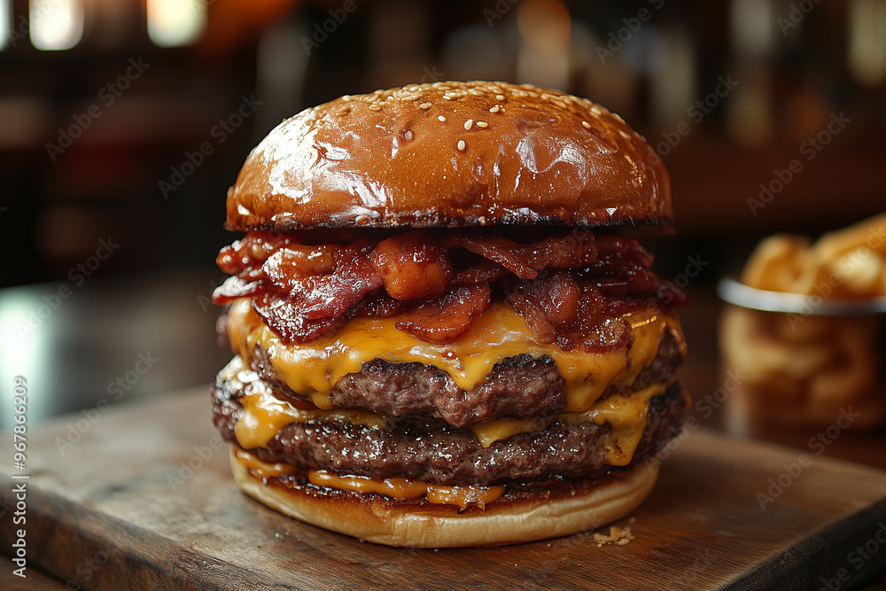Indulgent triple layer burger stacked high with cheese and crispy bacon at a cozy diner setting Indulgent triple layer burger stacked high with cheese and crispy bacon at a cozy diner setting