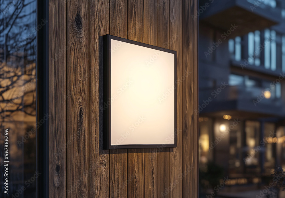 A blank white square wall sign on the side of an outdoor modern wooden building facade. A blank white square wall sign on the side of an outdoor modern wooden building facade.