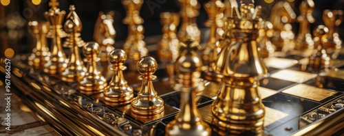 Close up of golden chess pieces on a board. photo