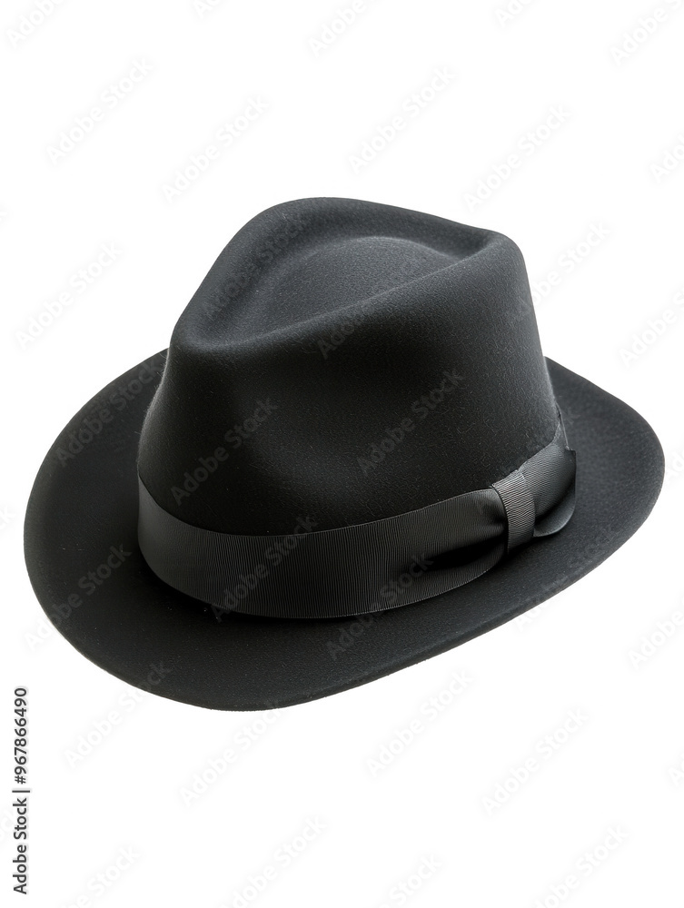 Stylish black fedora hat with a sleek design, perfect for adding a touch of elegance to any outfit, PNG, transparent, No background. Stylish black fedora hat with a sleek design, perfect for adding a touch of elegance to any outfit, PNG, transparent, No background.
