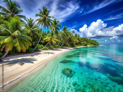 Turquoise ocean waves gently lap at the powdery white sand of a tranquil Fiji beach, surrounded by lush