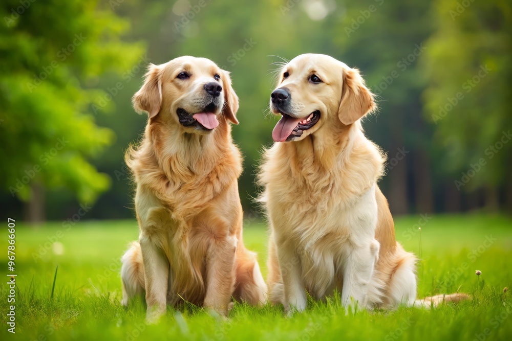 Two friendly golden retrievers, one with an English coat pattern, sit together on a green meadow, tails wagging, Two friendly golden retrievers, one with an English coat pattern, sit together on a green meadow, tails wagging,