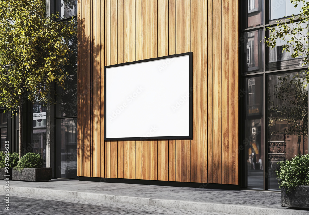 A blank white square wall sign on the side of an outdoor modern wooden building facade. A blank white square wall sign on the side of an outdoor modern wooden building facade.