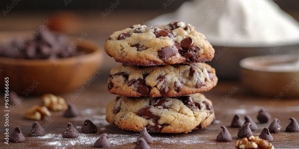Close-Up of Homemade Chocolate Chip Cookies with Walnuts Close-Up of Homemade Chocolate Chip Cookies with Walnuts