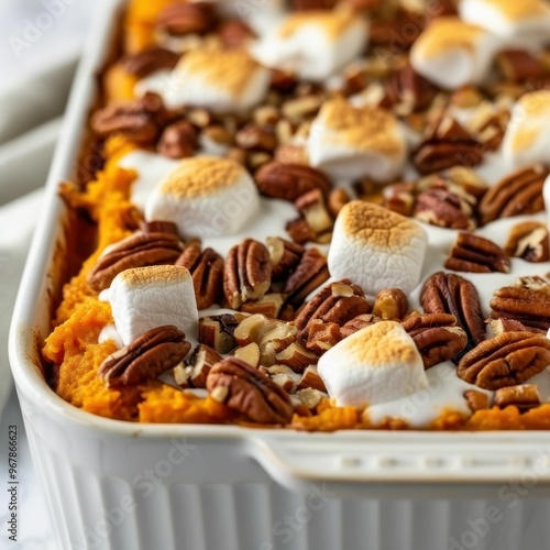 Close-up of a casserole dish with sweet potato casserole topped with toasted marshmallows and pecans.