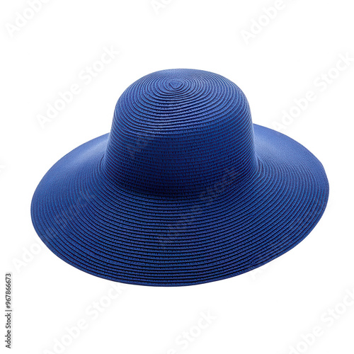 Stylish blue hat with a wide brim, perfect for summer outings or beach days, adding a touch of elegance to any outfit, PNG, transparent, No background. photo