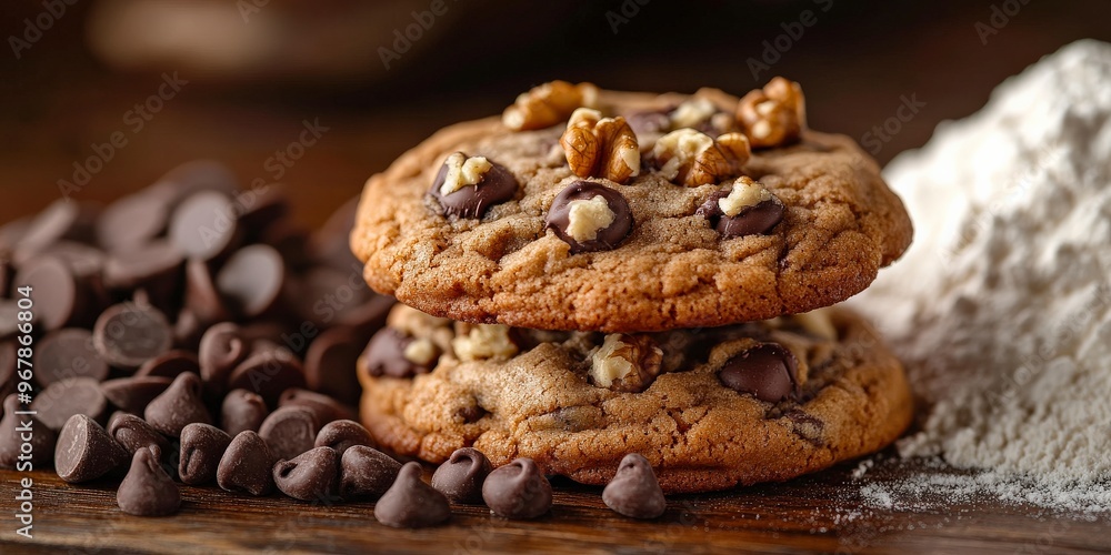 Close-Up of Homemade Chocolate Chip Cookies with Walnuts Close-Up of Homemade Chocolate Chip Cookies with Walnuts