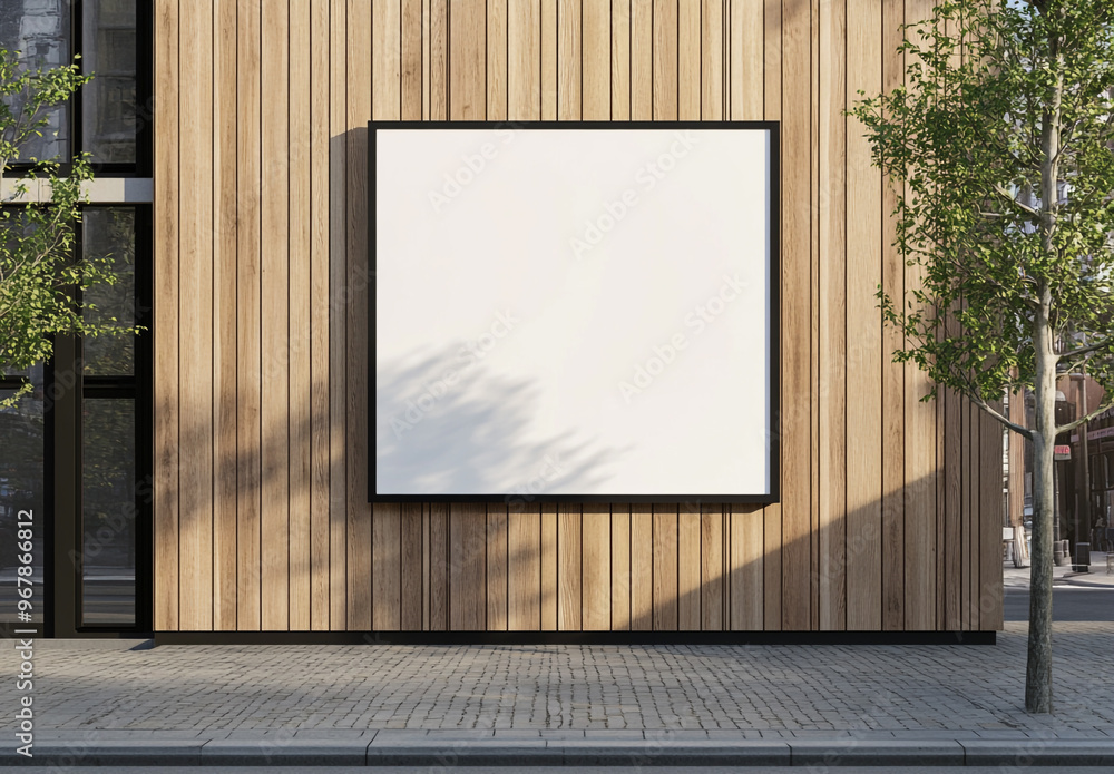 A blank white square wall sign on the side of an outdoor modern wooden building facade. A blank white square wall sign on the side of an outdoor modern wooden building facade.
