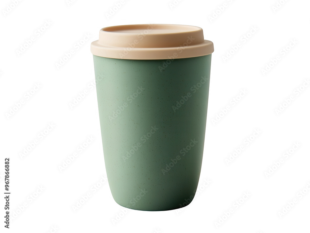 Stylish green reusable coffee cup with a beige lid, ideal for eco-friendly living and contemporary beverage experiences, PNG, transparent, No background. Stylish green reusable coffee cup with a beige lid, ideal for eco-friendly living and contemporary beverage experiences, PNG, transparent, No background.