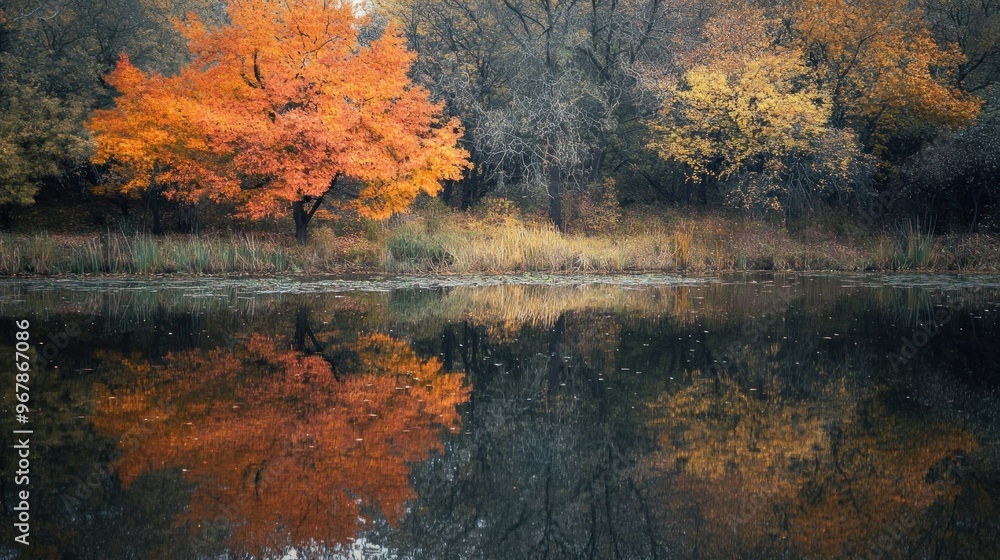A serene autumn scene with vibrant trees reflecting in a calm lake. A serene autumn scene with vibrant trees reflecting in a calm lake.