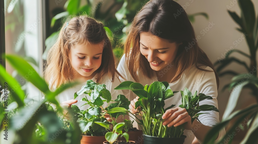 Fototapeta premium A mother and daughter enjoy planting and caring for indoor plants together in their cozy home during a sunny afternoon