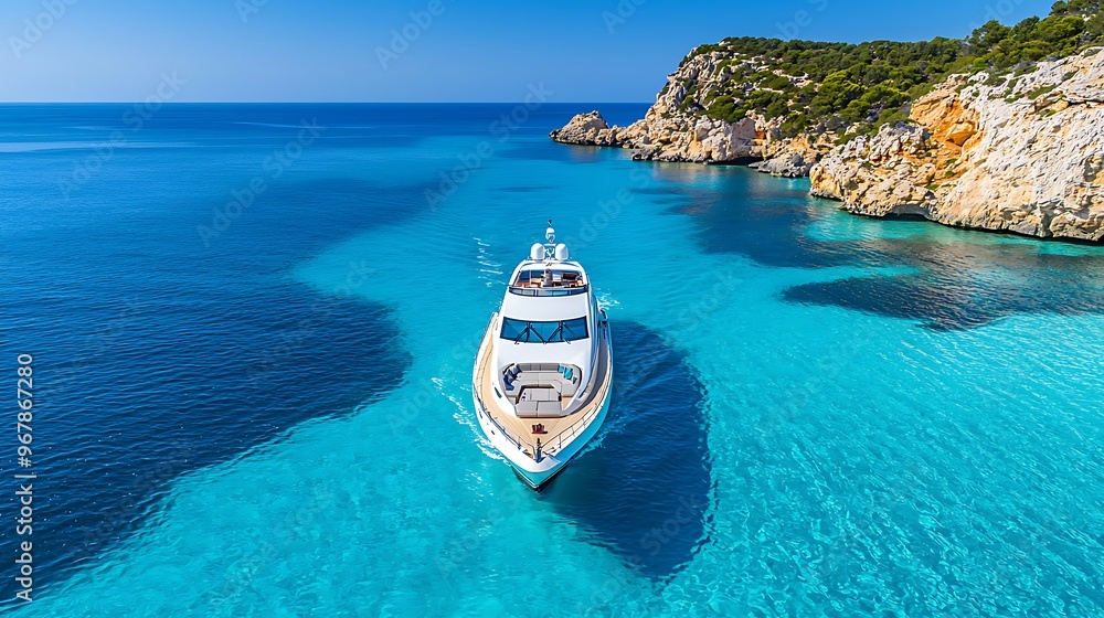 Fototapeta premium A luxury yacht glides through the clear blue waters of the Mediterranean Sea.