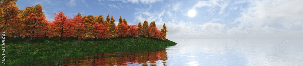 Fototapeta premium Autumn landscape over water, autumn lake and park, 3d rendering