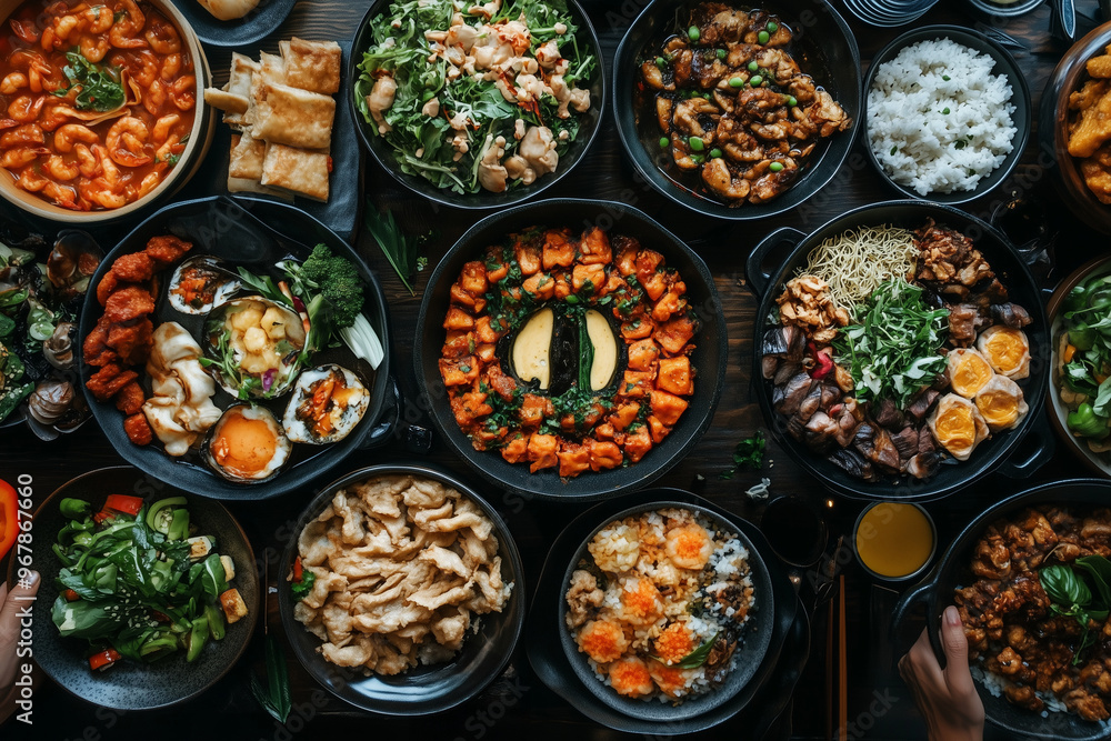 A delightful assortment of comfort foods showcasing the joy of shared meals at a vibrant gathering A delightful assortment of comfort foods showcasing the joy of shared meals at a vibrant gathering