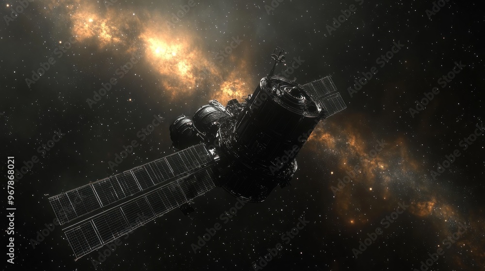 A spacecraft navigating through a cosmic landscape of stars. A spacecraft navigating through a cosmic landscape of stars.