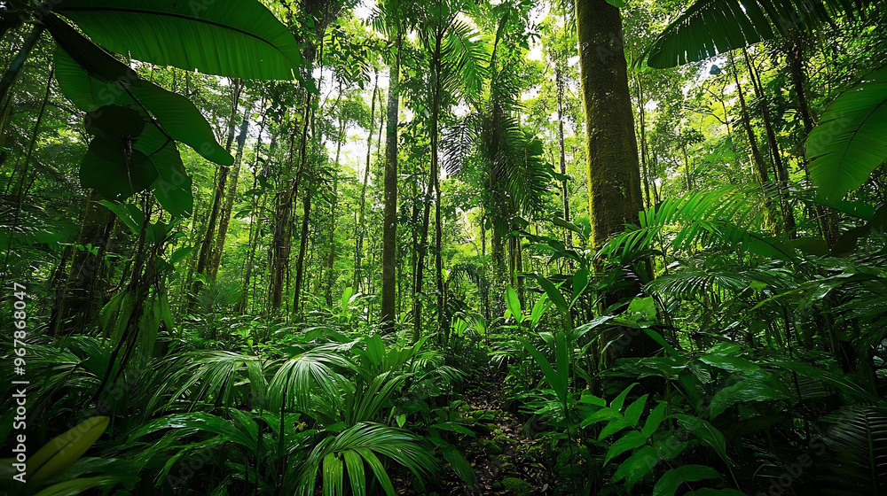 Fototapeta premium A dense section of the Amazon rainforest with towering trees and lush green foliage, showcasing the diverse plant life 