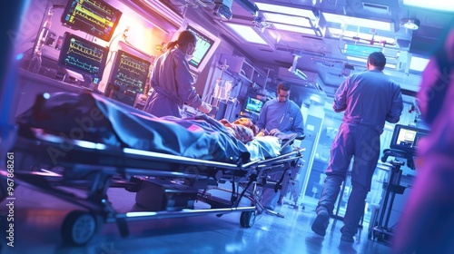 Medical team pushing patient in hospital bed through hospital corridor