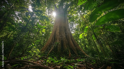 A towering kapok tree in the Amazon rainforest, surrounded by dense greenery and smaller plant species 